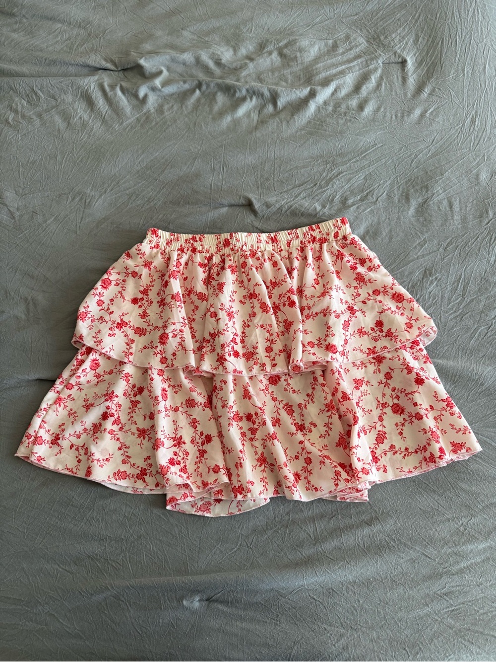 SHEIN Pink Floral Tiered Ruffle Mini Skirt on Cream